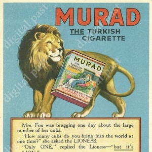 Lion Advertisement, Murad Cigarettes Ad - Instant Digital Download - vintage lion printable art, vintage cigarette ad download