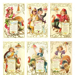 THANKSGIVING Menu Collage Sheet INSTANT DOWNLOAD digital collage sheet, set of 6 vintage thanksgiving postcards, turkey dinner children chef