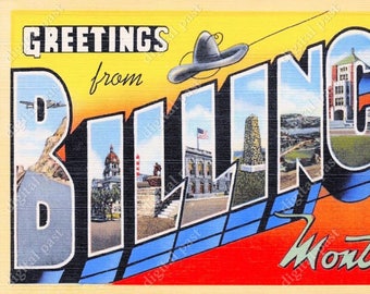 Greetings from Billings Montana - vintage postcard clipart image - INSTANT DOWNLOAD - retro large letter postcard, printable postcard