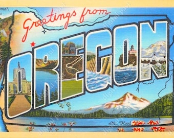 OREGON Big Letters Vintage Postcard - INSTANT DOWNLOAD - retro postcard image, art deco, greetings from oregon or, travel souvenir, clipart