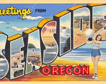 Greetings from Seaside Oregon - vintage postcard clipart image - INSTANT DOWNLOAD - retro large letter postcard, printable postcard