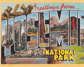 Greetings from Yosemite National Park postcard clip art - INSTANT DOWNLOAD - vintage big letter postcard, printable postcard, squirrel art