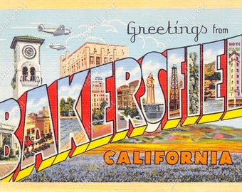Greetings from Bakersfield California - vintage postcard clipart image - INSTANT DOWNLOAD - retro large letter postcard, printable postcard