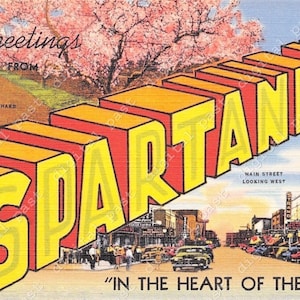Greetings from SPARTANBURG South Carolina postcard image ~ DIGITAL DOWNLOAD ~ vintage spartanburg sc big letter postcard, peach belt