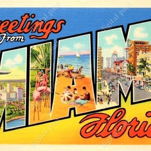 MIAMI FLORIDA GREETINGS immagine clipart cartolina digitale - Download istantaneo - vintage grandi lettere souvenir cartolina stampabile clip art
