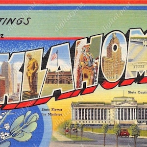 Cartão postal vintage Saudações de Oklahoma - DOWNLOAD INSTANTÂNEO - cartão postal antigo para impressão em letras grandes dos anos 1940, clipart de carros antigos, arte de visco