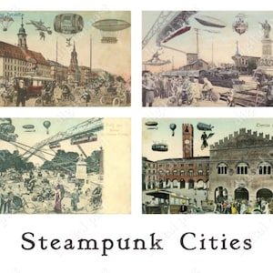 STEAMPUNK CITY digital collage sheet - Instant Download - printable vintage postcard collection - future cities, blimp, airship, zeppelin