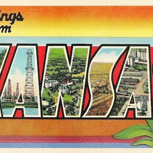 Cartão postal vintage Saudações do Kansas - DOWNLOAD INSTANTÂNEO - cartão postal imprimível em letras grandes dos anos 1940, pica-pau do Kansas, coisas efêmeras de papel digital