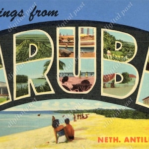 Groeten uit ARUBA (Nederlandse Antillen) - vintage ansichtkaart clipart - INSTANT DOWNLOAD - retro grote briefkaart, afdrukbare ansichtkaart