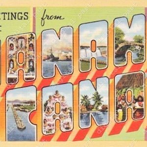 Saludos desde la imagen de la postal del Canal de Panamá - DESCARGA DIGITAL - postal del canal de Panamá vintage, imágenes prediseñadas de postalimprimible, letras grandes
