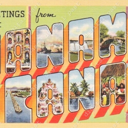 パナマ運河からの挨拶ポストカード画像 ~ デジタルダウンロード ~ ビンテージパナマ運河ポストカード、印刷可能なポストカードクリップアート、大きな文字