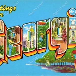 GEORGIA Large Letter Postcard - INSTANT DOWNLOAD - image de carte postale vintage, design art déco, pêcher, salutations de georgia clipart ga