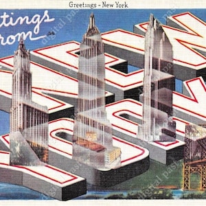 Grüße aus New York - Big Letters Art Deco Postkarte - SOFORTIGER DOWNLOAD - nyc ny Postkartenbild, Freiheitsstatue, Empire State Building