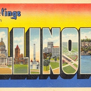 Saudações da imagem do cartão postal de ILLINOIS ~ DOWNLOAD DIGITAL ~ download de cartão postal para impressão vintage de Illinois, cartão postal retrô com letras grandes