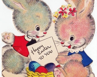 Vintage EASTER Card - Instant Download - Two cute Easter Bunnies with Basket full of Easter Eggs, printable easter card download
