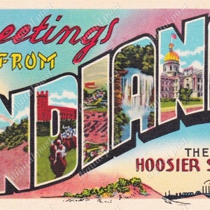 Cartão postal vintage Saudações de Indiana - DOWNLOAD INSTANTÂNEO - cartão postal antigo para impressão em letras grandes dos anos 1940, saudações do estado de Hoosier