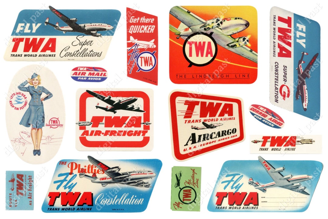 TWA Digital Collage Sheets - Vintage Airplane Luggage Labels