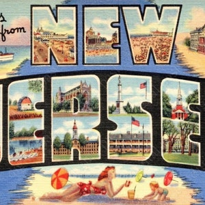Saludos de la postal vintage de Nueva Jersey - DESCARGA INSTANTE - antiguo imprimible 1930s art deco grandes letras postal - nj paseos en la playa