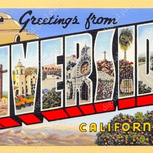 Saudações de Riverside Califórnia - imagem de clipart de cartão postal vintage - DOWNLOAD INSTANTÂNEO - cartão postal retrô com letras grandes, cartão postal para impressão