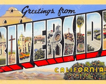 Greetings from Riverside California - vintage postcard clipart image - INSTANT DOWNLOAD - retro large letter postcard, printable postcard