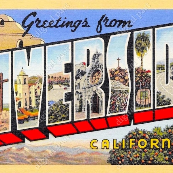 Greetings from Riverside California - vintage postcard clipart image - INSTANT DOWNLOAD - retro large letter postcard, printable postcard