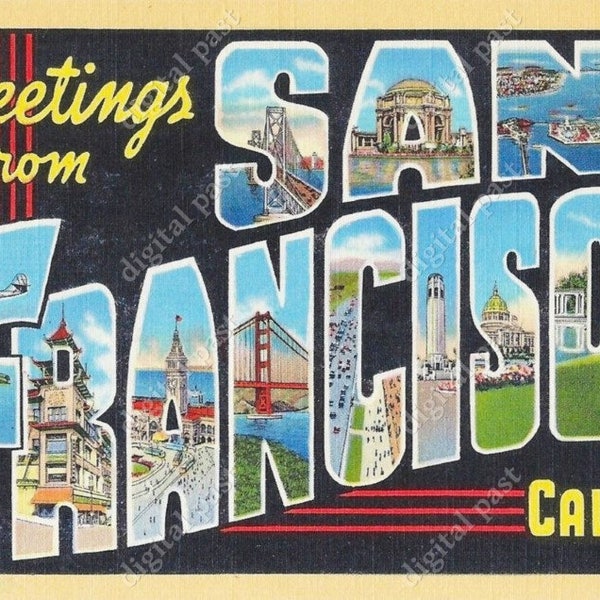 Greetings from San Francisco California - INSTANT DOWNLOAD - vintage art deco large letters postcard clipart, digital printable postcard