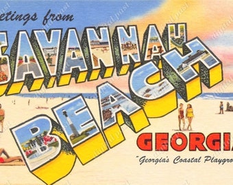 Greetings from Savannah Beach Georgia - vintage postcard clipart image - INSTANT DOWNLOAD - retro large letter postcard, printable postcard