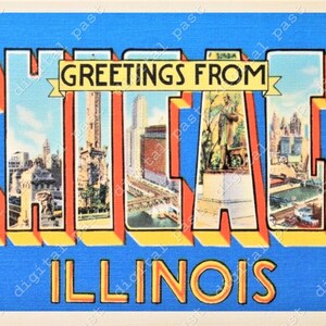 Greetings from CHICAGO Illinois postcard image ~ DIGITAL DOWNLOAD ~ vintage chicago postcard, retro big letters postcard download chicago il