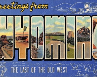 Greetings from WYOMING postcard print ~ INSTANT DOWNLOAD ~ vintage wyoming printable postcard download, last of the old west
