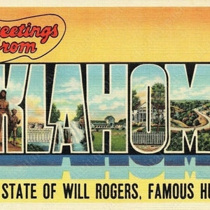 Greetings from OKLAHOMA printable postcard ~ DIGITAL DOWNLOAD ~ vintage oklahoma postcard download, native state of will rogers