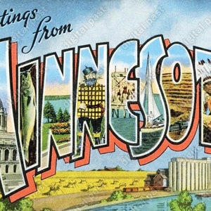 MINNESOTA big letters vintage postcard image - INSTANT DOWNLOAD - antique printable 1950s large letter postcard, digital ephemera printable