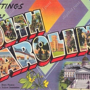 Cartão postal vintage Saudações da Carolina do Sul - DOWNLOAD INSTANTÂNEO - cartão postal antigo para impressão em letras grandes dos anos 1940, cartão postal com letras grandes