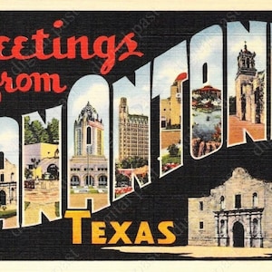 Saudações de San Antonio Texas cartão postal clip art - DOWNLOAD INSTANTÂNEO - cartão postal vintage com letras grandes, cartão postal imprimível do Texas