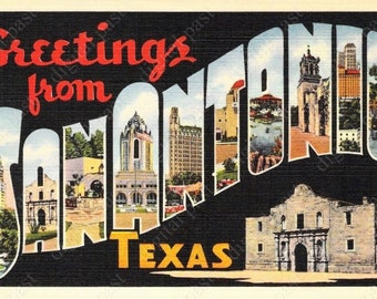 Greetings from San Antonio Texas postcard clip art - INSTANT DOWNLOAD - vintage large letters postcard, printable texas postcard