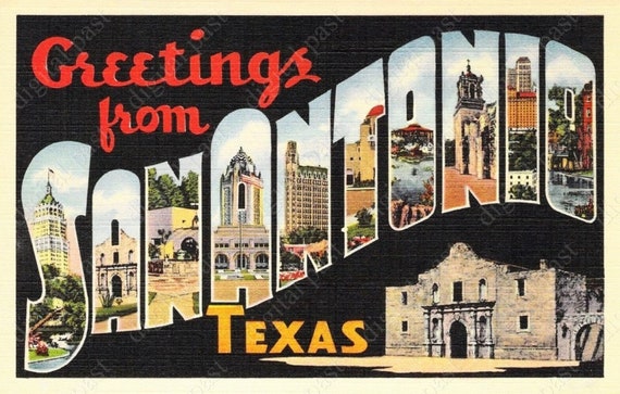 Greetings from San Antonio Texas postcard clip art - INSTANT DOWNLOAD - vintage large letters postcard, printable texas postcard