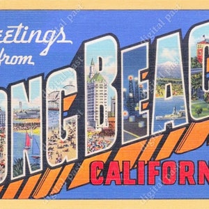 Saudações de Long Beach, Califórnia - imagem de clipart de cartão postal vintage - DOWNLOAD INSTANTÂNEO - cartão postal retrô com letras grandes, cartão postal para impressão