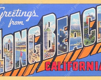 Greetings from Long Beach California - vintage postcard clipart image - INSTANT DOWNLOAD - retro large letter postcard, printable postcard