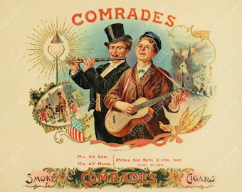 COMRADES antique cigar box label - INSTANT DOWNLOAD, printable art - vintage 1890s cigar art, street musicians, digital paper ephemera