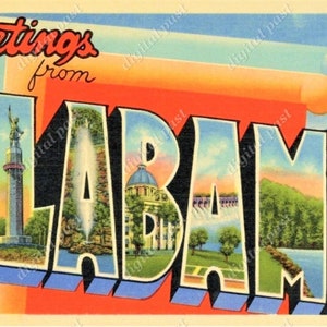 ALABAMA Big Letters Vintage Postcard - INSTANT DOWNLOAD - immagine da cartolina retrò - design art déco - saluti dall'Alabama - grandi lettere