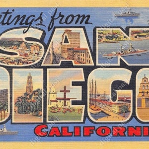 Saudações de San Diego, Califórnia, clipart de cartão postal - DOWNLOAD INSTANTÂNEO - cartão postal vintage com letras grandes, cartão postal para impressão