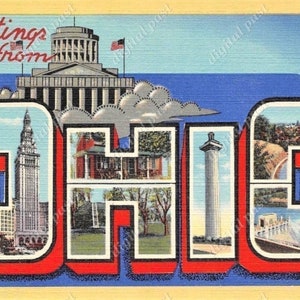 Cartão postal vintage Saudações de Ohio - DOWNLOAD INSTANTÂNEO - cartão postal antigo para impressão em letras grandes dos anos 1930, clipart de Ohio, coisas efêmeras de papel vintage