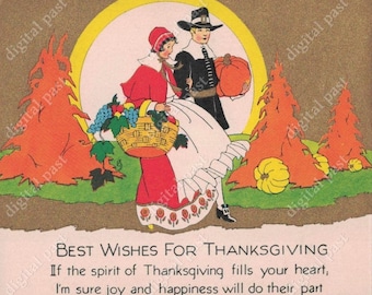 May include: Vintage Thanksgiving greeting card featuring a couple dressed in pilgrim attire. The woman carries a basket of fruit and the man holds a pumpkin. The card has a gold background with a yellow moon and orange trees.