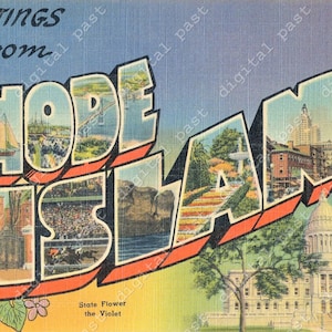 Greetings From Rhode Island vintage postcard - INSTANT DOWNLOAD - antique printable large letters postcard download, providence ri, violet