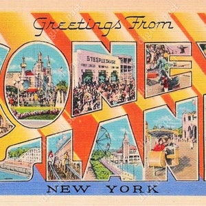 Coney Island New York Big Letters Vintage Ansichtkaart - INSTANT DOWNLOAD - retro ansichtkaart afbeelding, art deco, ny nyc brooklyn pretpark strand