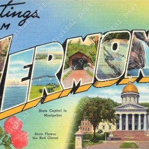 Saludos desde la imagen de la postal de VERMONT - DIGITAL DOWNLOAD - postal vintage vermont, retro grandes cartas de descarga postal, vt capital del estado
