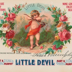 Etykieta na pudełko cygar LITTLE DEVIL - antyczne - natychmiastowe pobranie, etykieta na cygara do wydrukowania - łuk i strzała Kupidyna, aniołek, uroczy clipart
