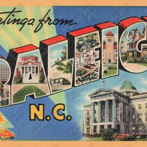 May include: A vintage postcard featuring a colourful illustration of the city of Raleigh, North Carolina. The postcard displays the text "Greetings from Raleigh, N.C." in a bold, stylised font. The illustration includes various buildings and landmarks, such as a state capitol building, a church, and a park.