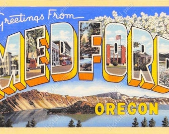 Greetings from Medford Oregon - vintage postcard clipart image - INSTANT DOWNLOAD - retro large letter postcard, printable postcard