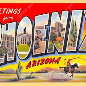 Salutations de PHOENIX Arizona - Big Letters Postcard - INSTANT DOWNLOAD - vintage postcard clip art image - cowboy, cheval, lasso, cactus
