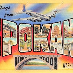Salutations de Spokane Washington - image clipart de carte postale vintage - TÉLÉCHARGEMENT INSTANTANÉ - rétro grande lettre carte postale vintage avion clipart